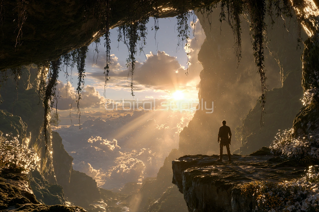A figure stands on a mossy rock ledge at a cave mouth, looking out over a sea of clouds at sunset.