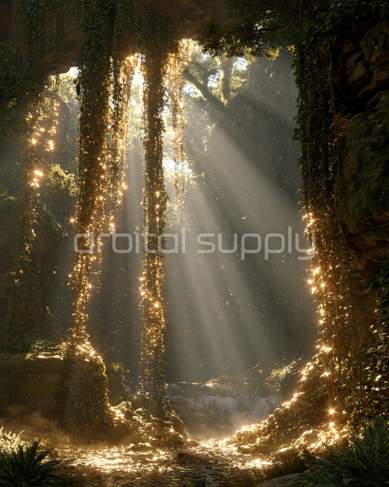 Curtains of hanging vines glow in golden sun rays inside a dark mossy canyon.