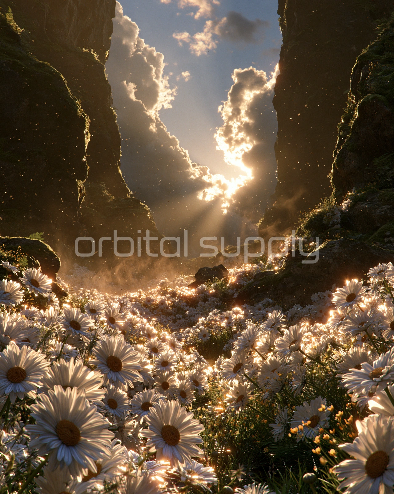 White daisies fill the floor of a canyon as the sun breaks through clouds between rock walls.