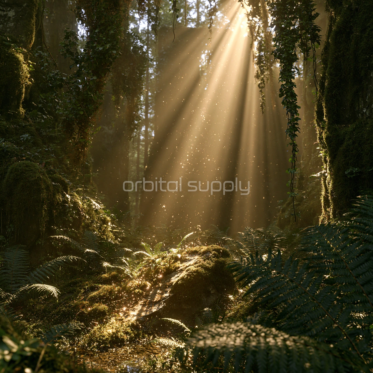 Shafts of golden light fall through a mossy forest of ferns and vines.
