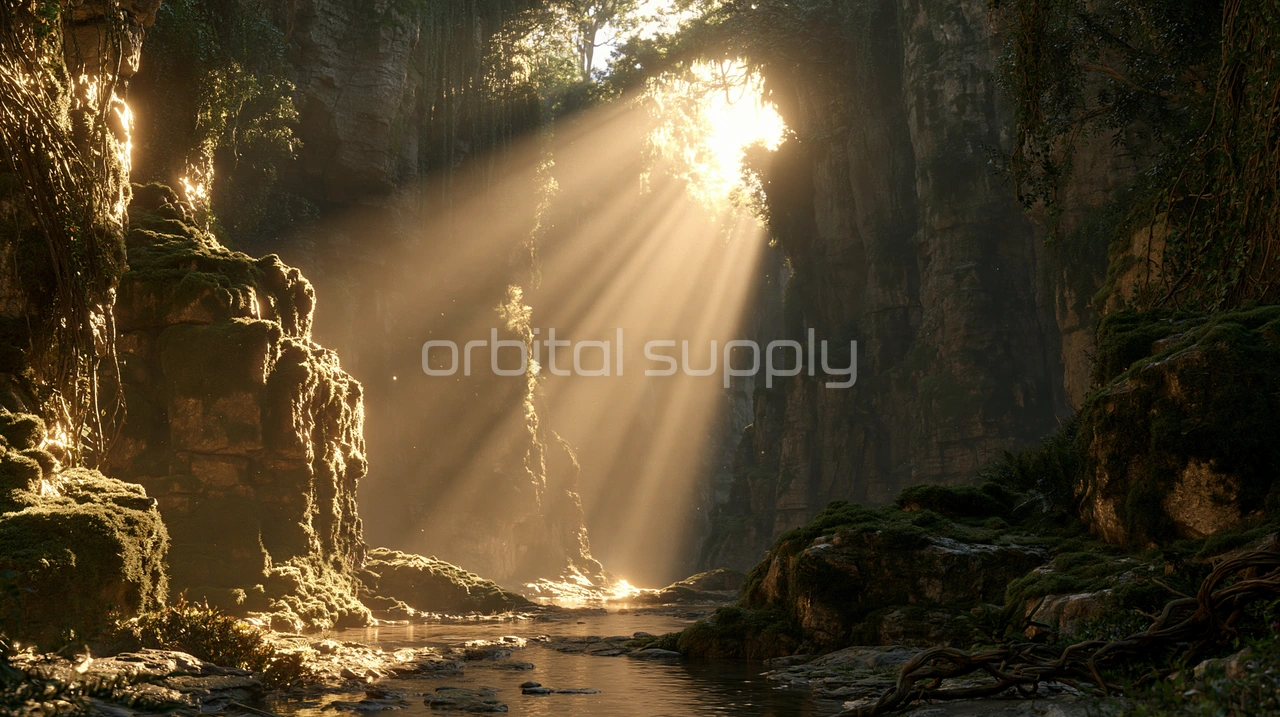 Sun rays cross a mossy canyon above a small stream in warm golden haze.