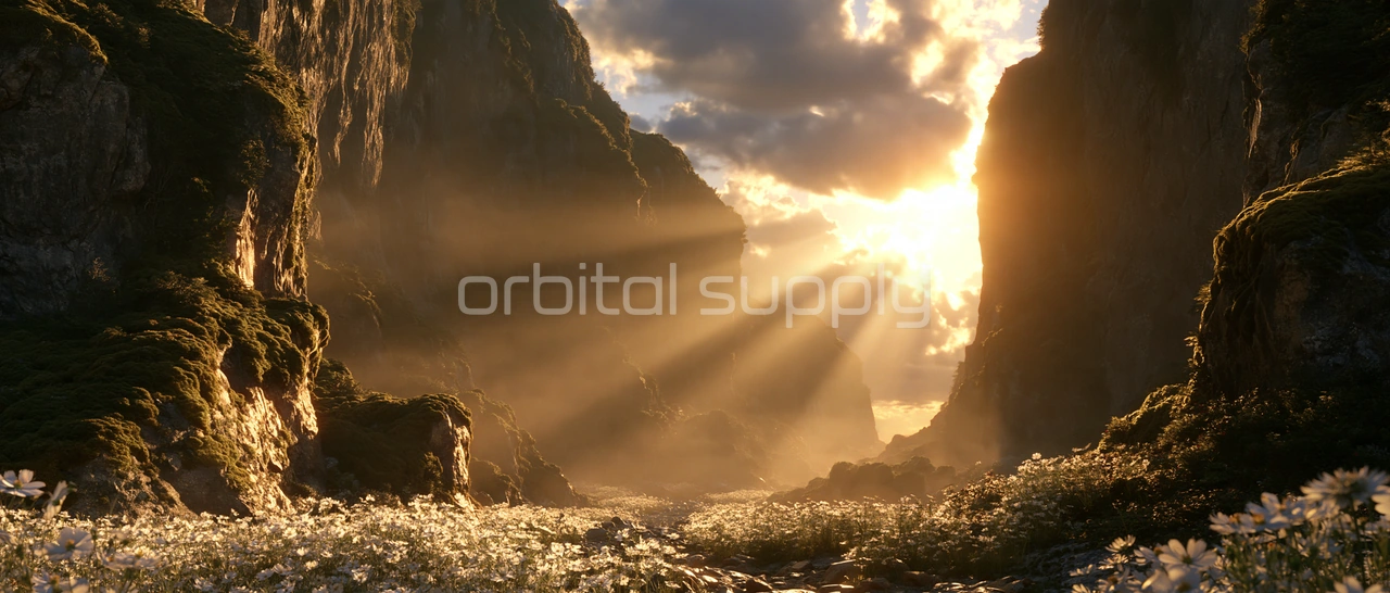 A wide mossy canyon opens to the setting sun, with golden rays over a field of white wildflowers.