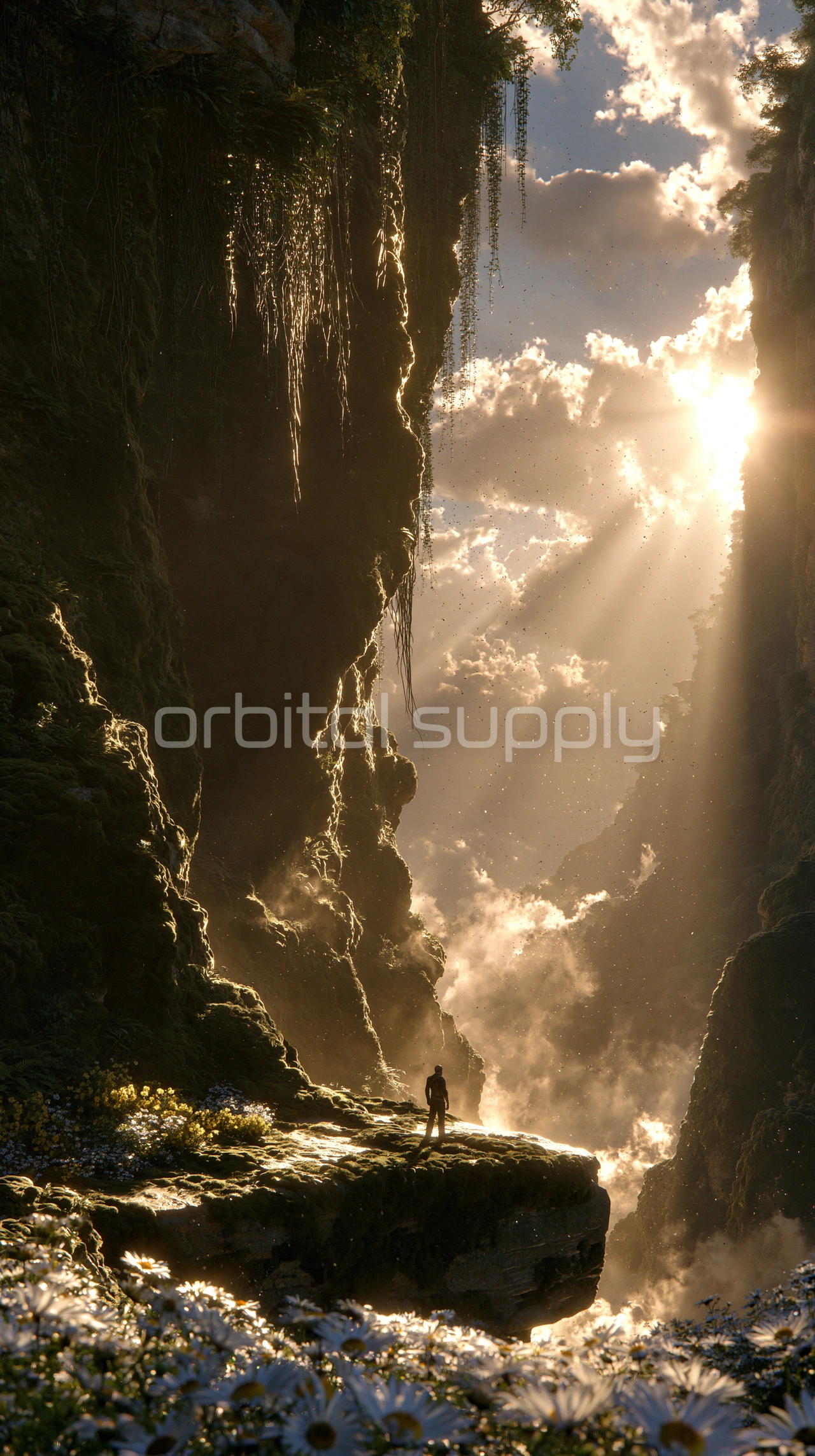 A small figure stands on a ledge beneath a bright opening in a mossy canyon.
