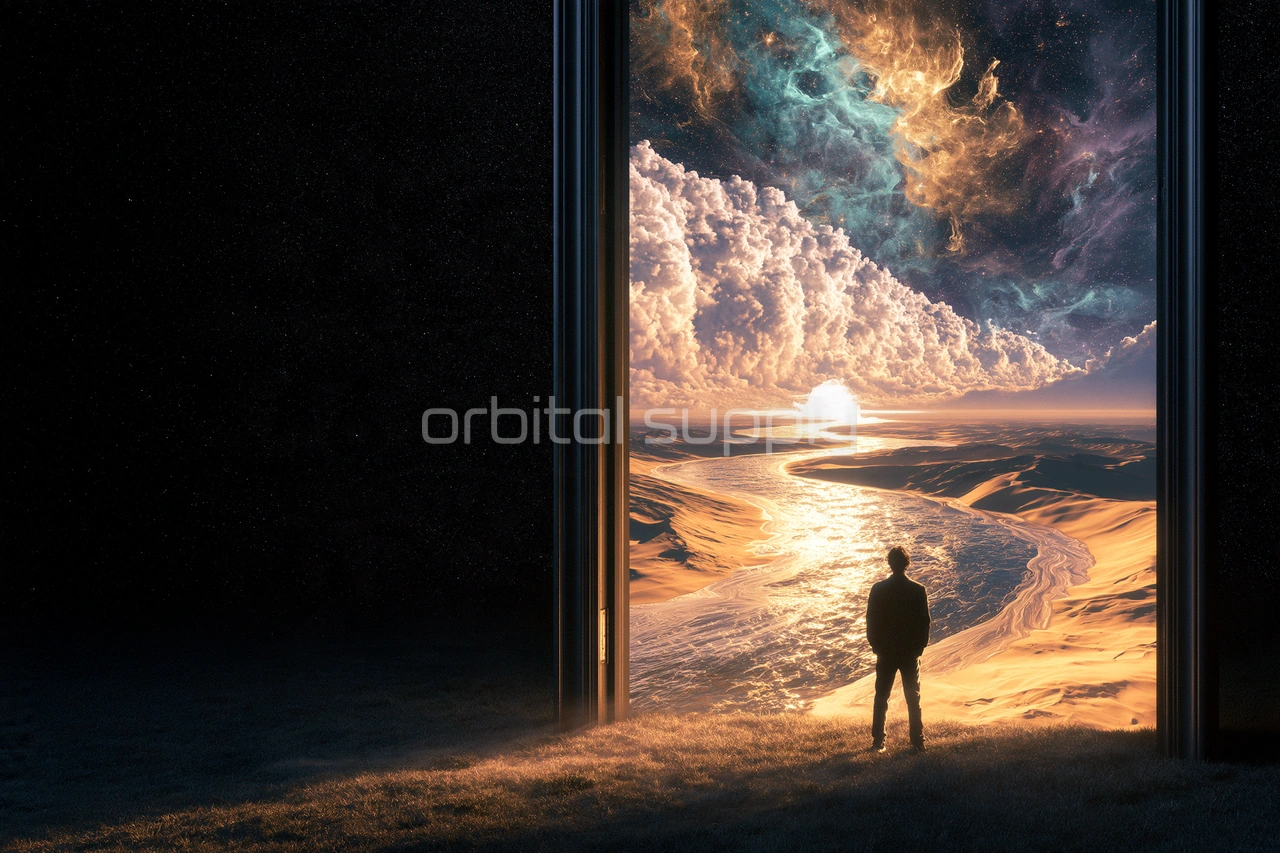 A figure seen from behind stands in a dark doorway facing a world of dunes, clouds and swirling nebula.