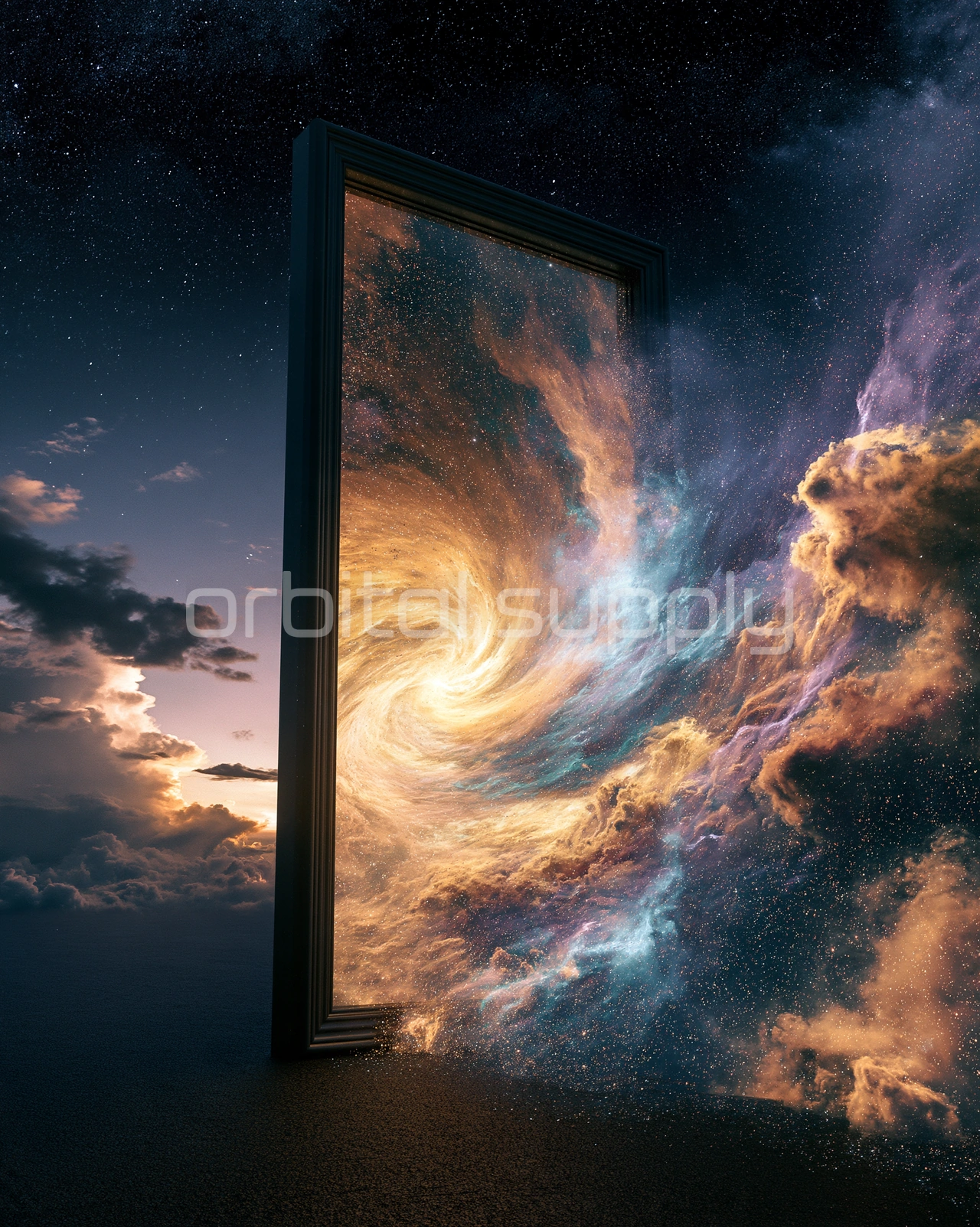 A swirling nebula of gold, teal and violet fills a tilted dark frame and spills past its edges.