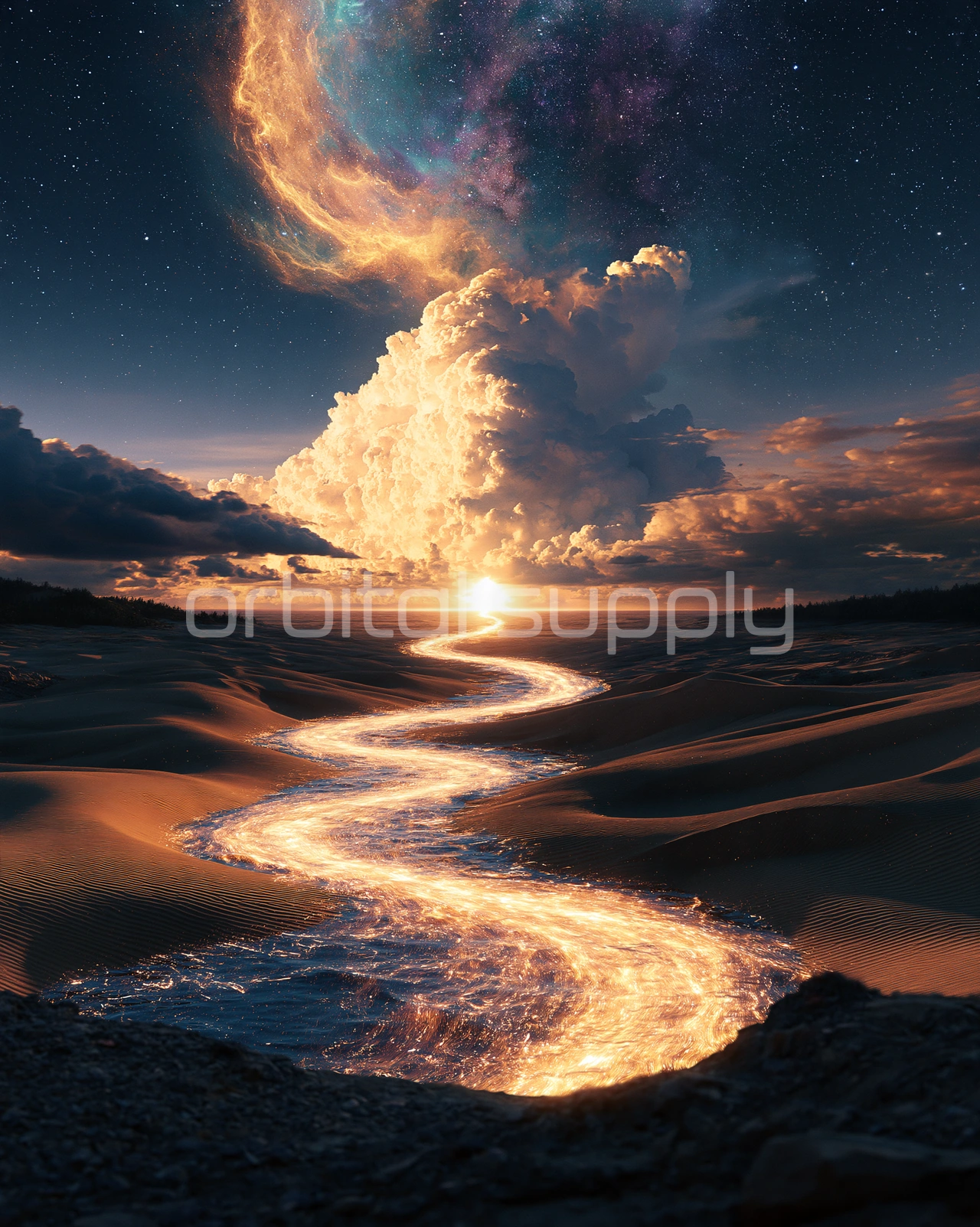 A glowing river winds through golden dunes toward a bright core beneath a nebula.