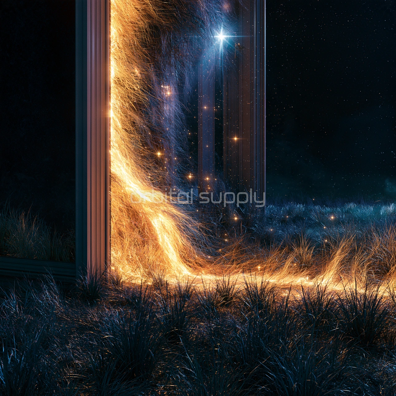 Golden light spills from the edge of a dark frame across tall grass at night.