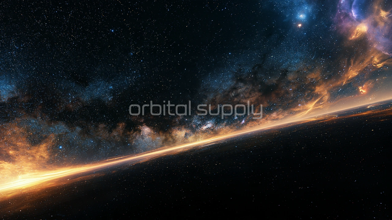 A starry void with the Milky Way and a golden streak of light along a dark horizon.