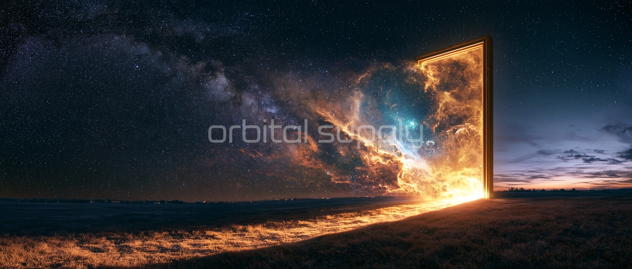 A glowing frame stands at the edge of a dark plain under the Milky Way, its light spilling across the grass.