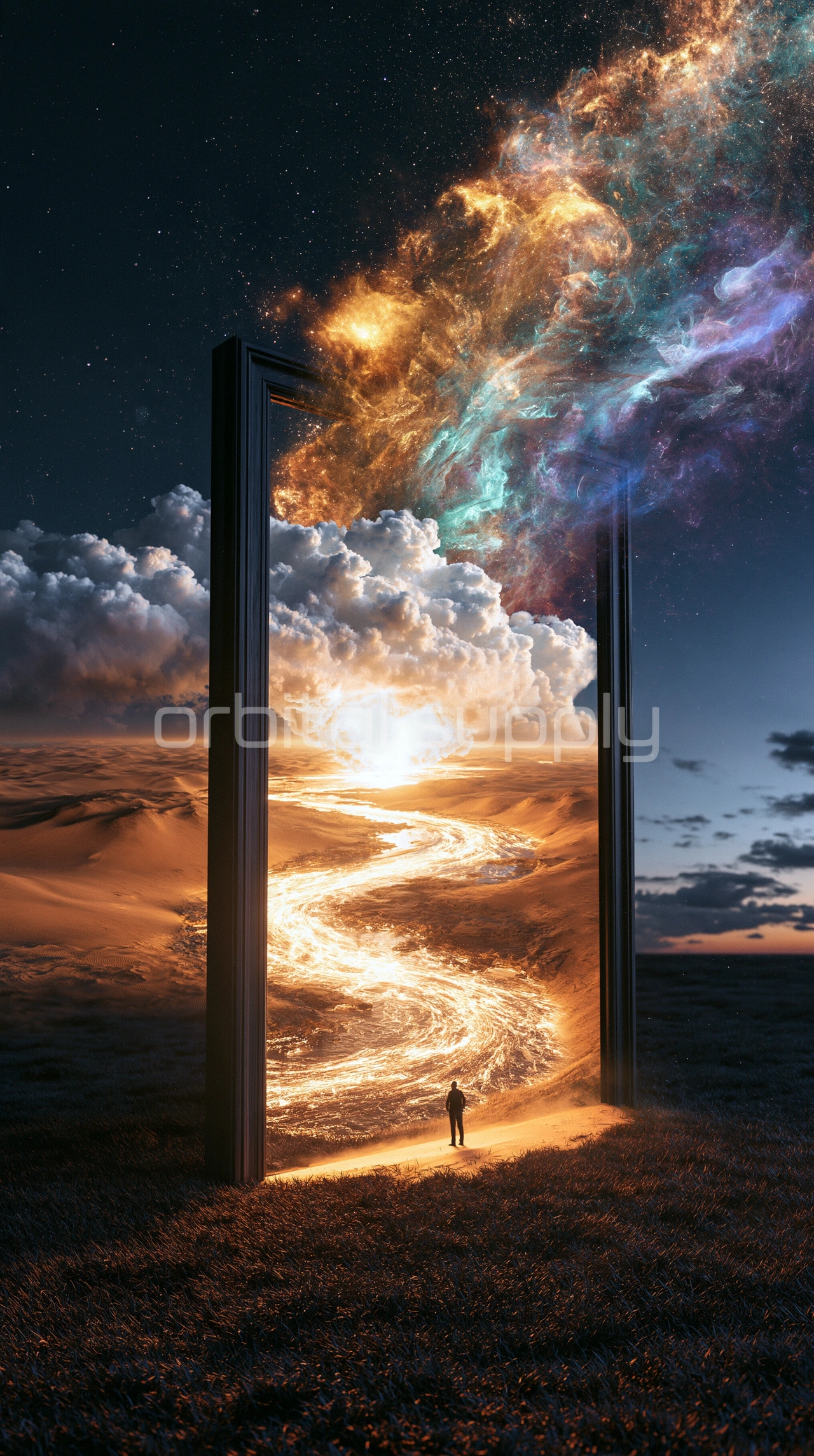 A tiny figure stands before a tall frame that opens onto a golden river and a nebula sky.