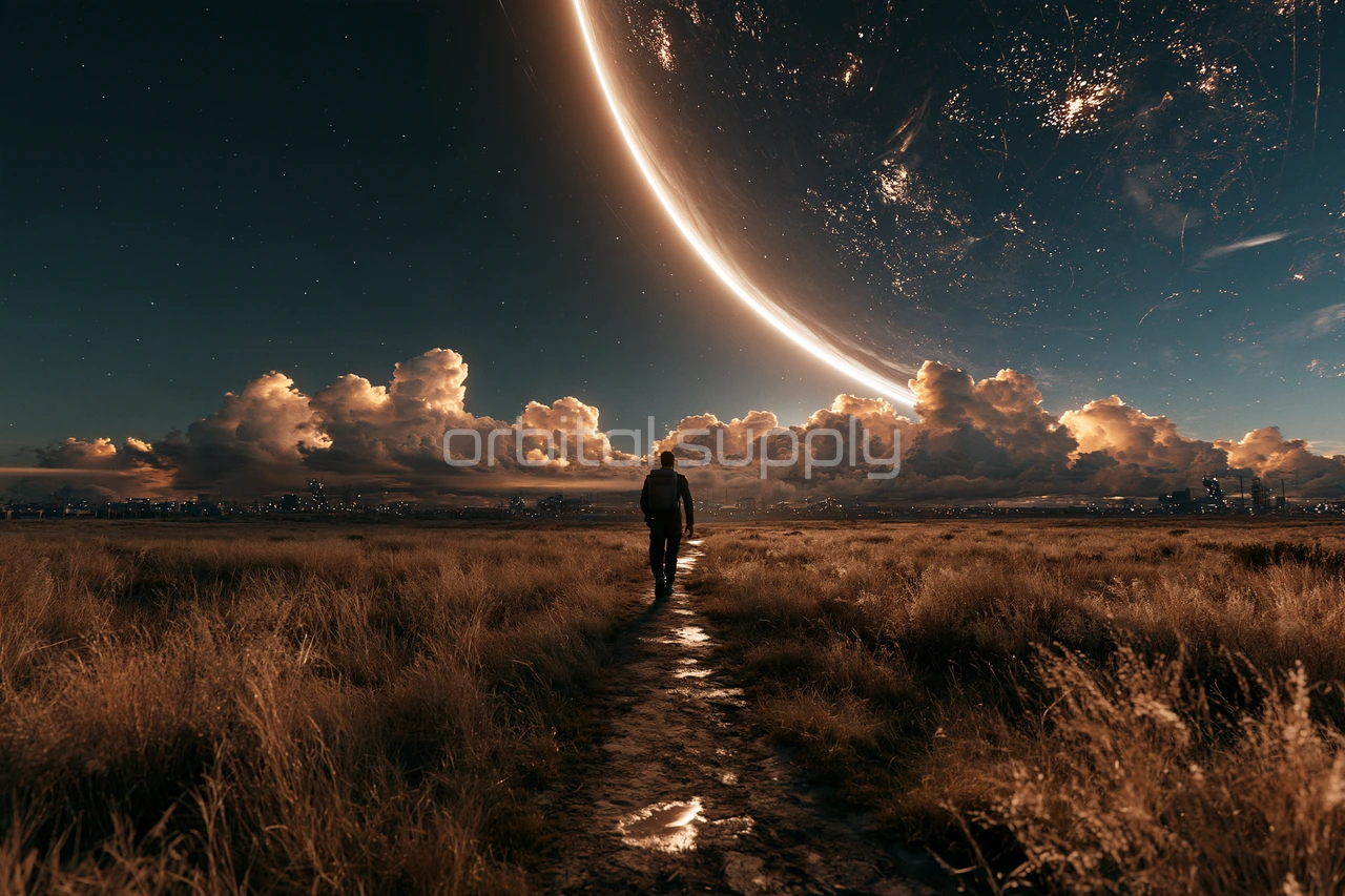 A figure walks along a dirt path through golden grass toward glowing clouds beneath a planet's bright rim.