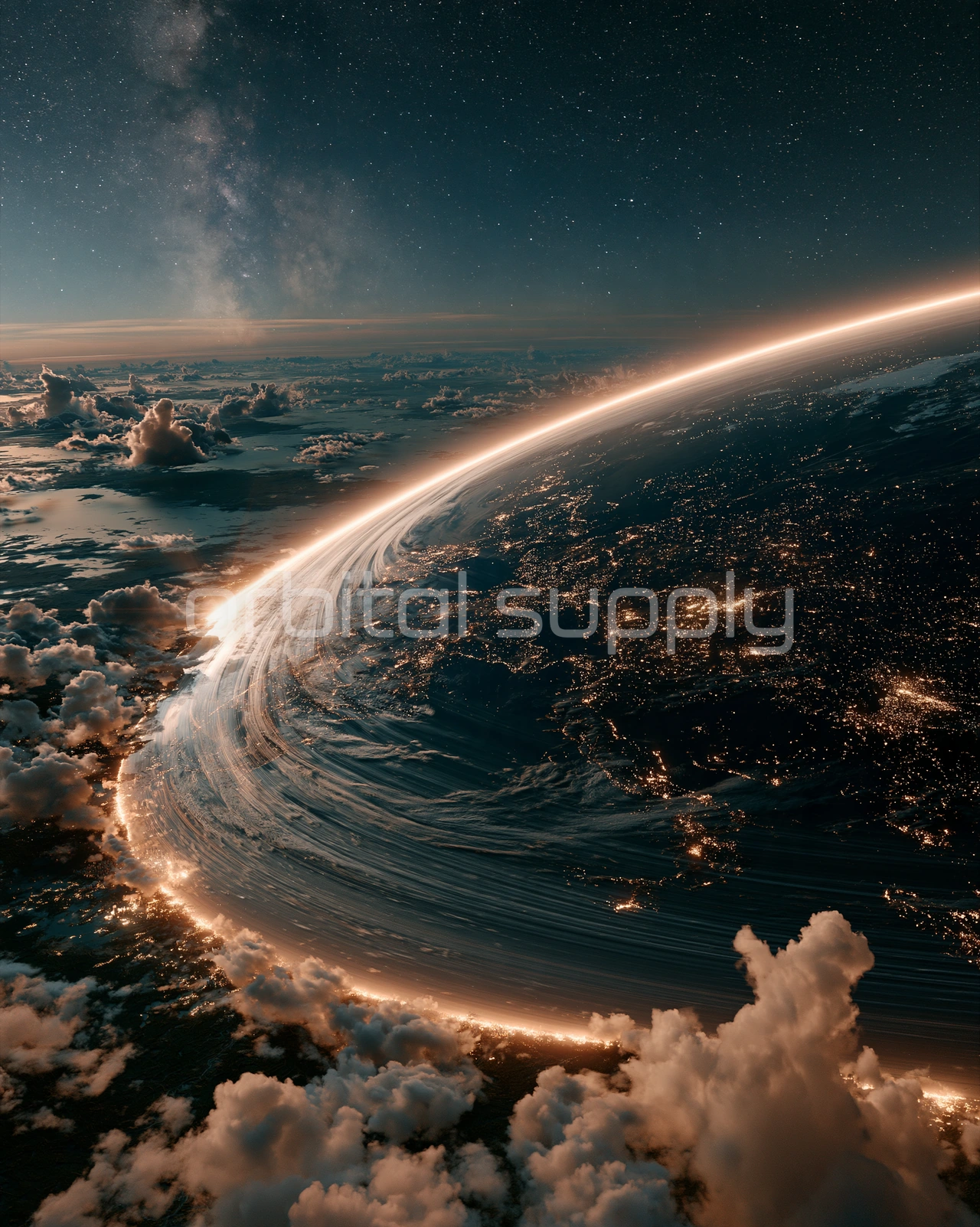 A planet's bright atmospheric rim curves over a sea of clouds, its night side scattered with lights.