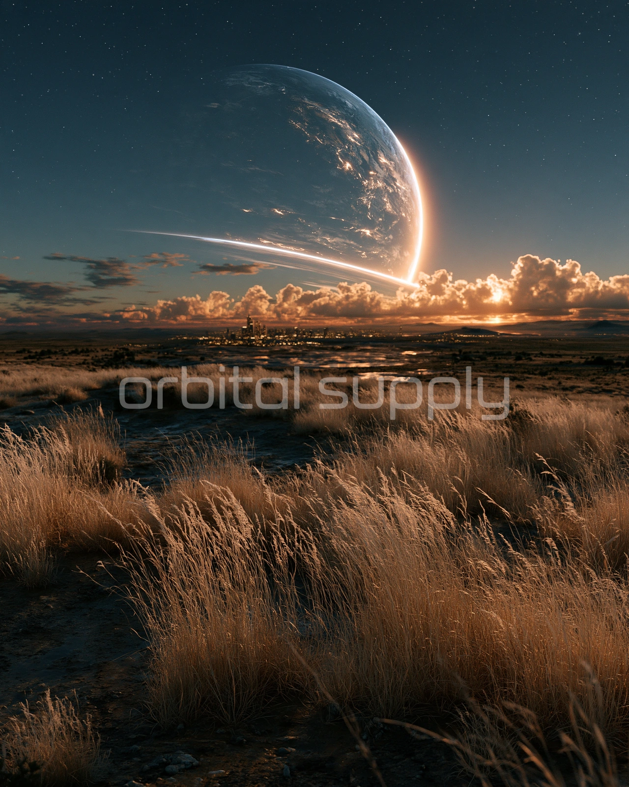 Tall dry grass glows in front of a giant planet rising above a band of clouds.