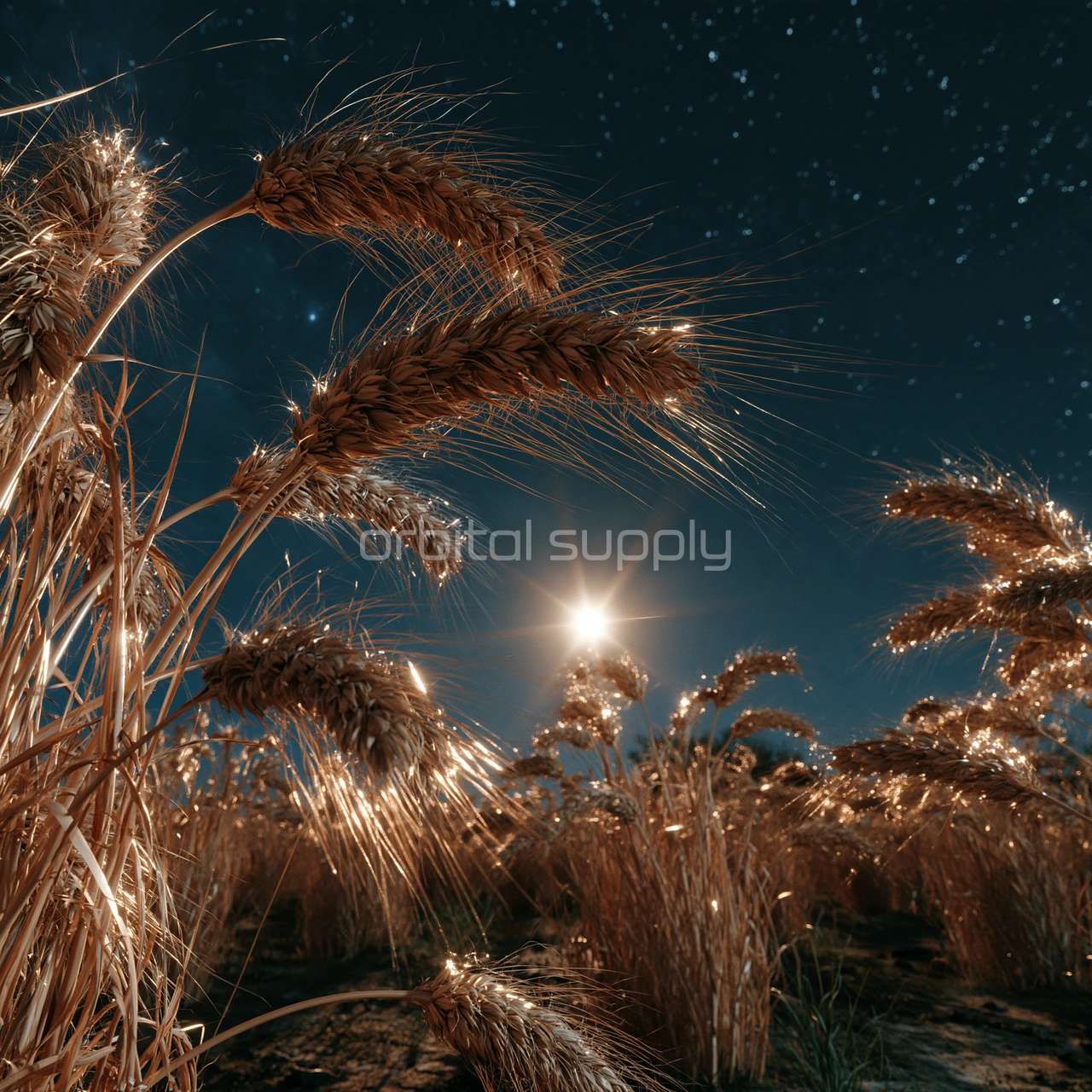 Golden seed heads shine against a starry sky with a bright point of light.