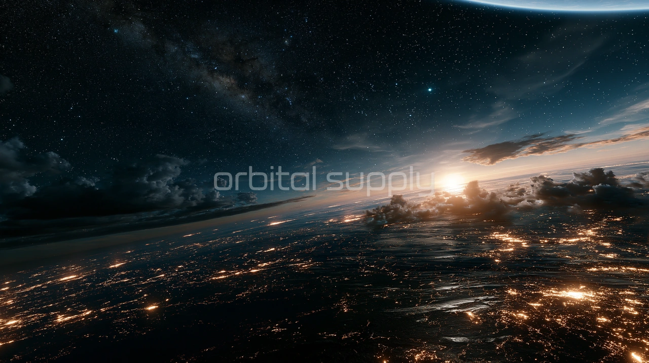 A planet's night side glitters with city lights beneath a starry sky and a bright sunrise on the horizon.