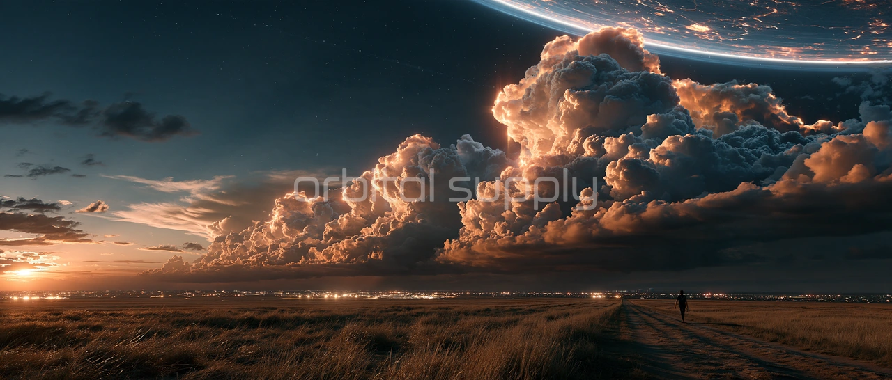 Towering clouds glow above a vast plain at dusk, with the edge of a giant planet at the top of the frame.