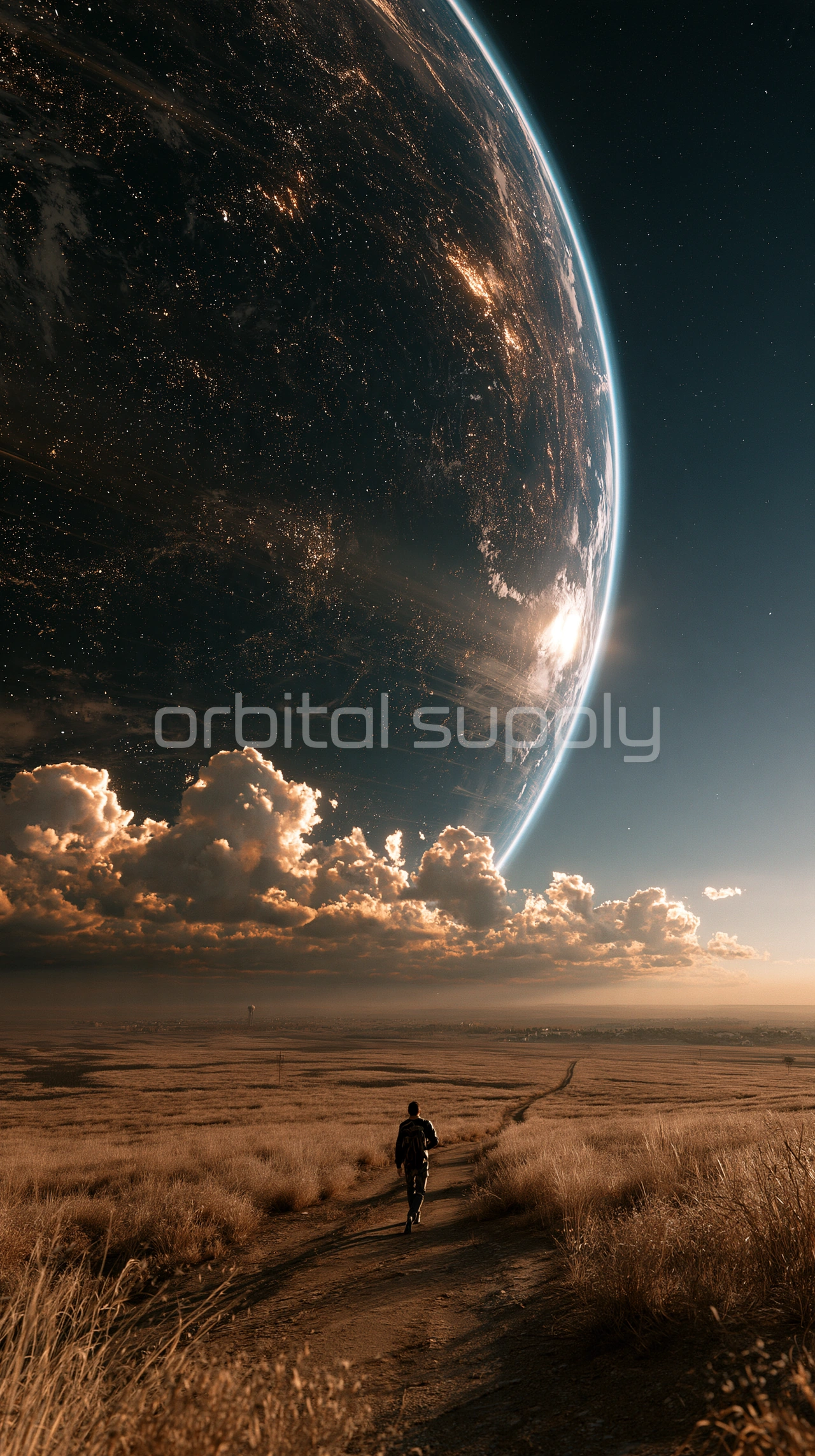 A small figure walks across a golden steppe beneath a huge planet and glowing clouds.