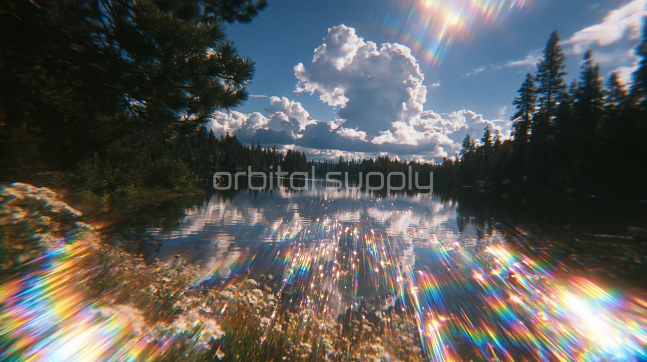 A still lake framed by dark pines reflects towering clouds, with rainbow prism flares glittering across the water and wildflowers.