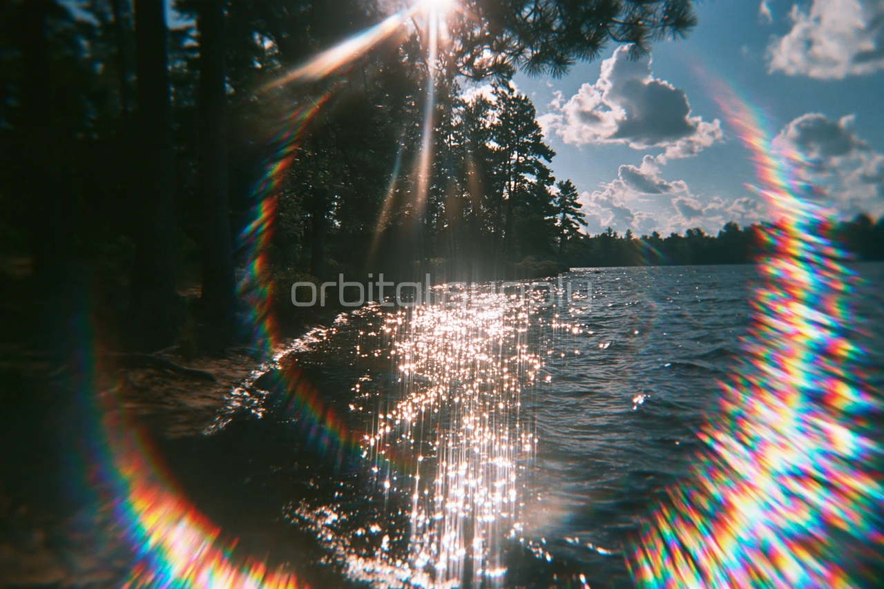 Sunlight sparkles on a lake shore framed by pines and ringed by soft rainbow flares.