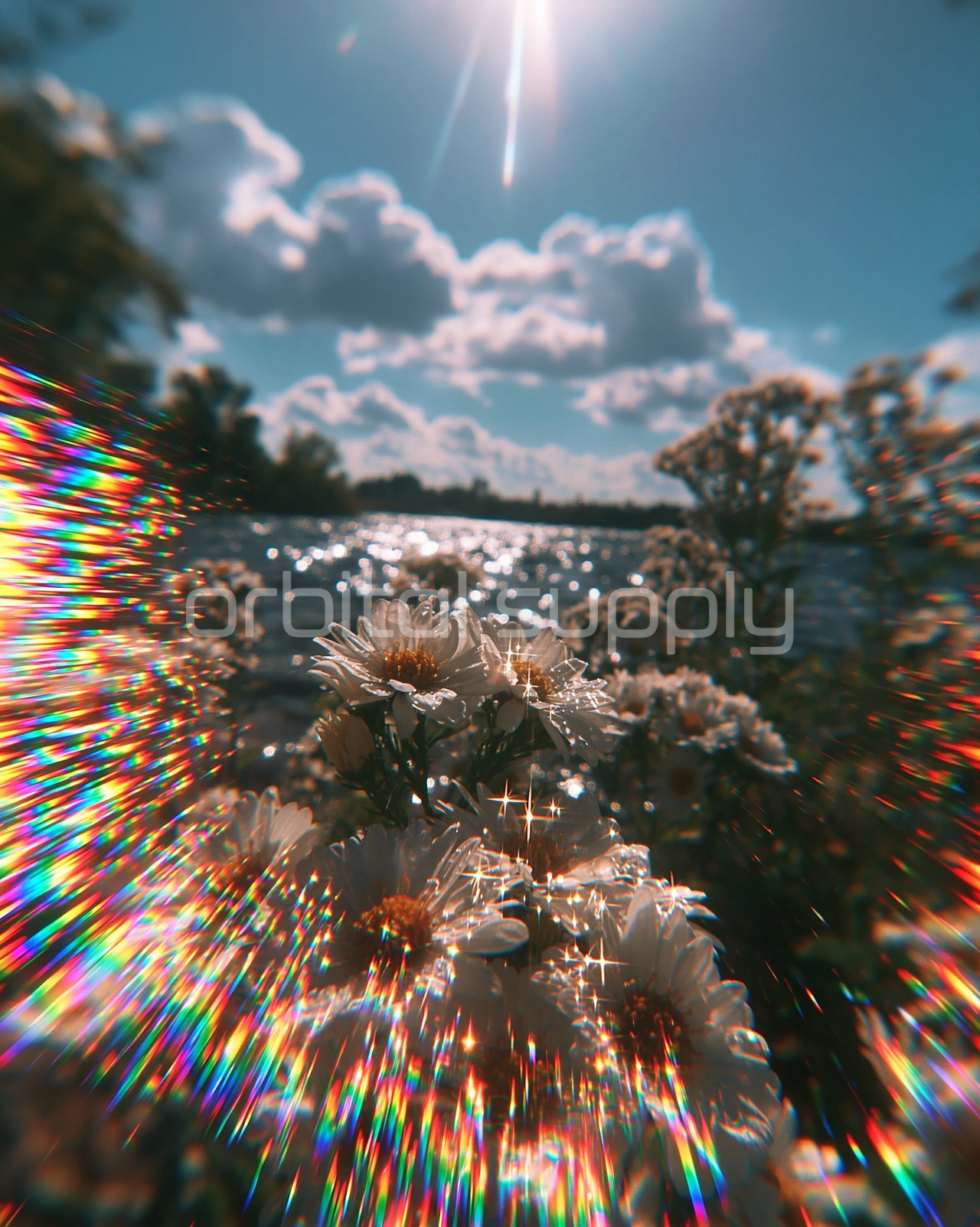 White wildflowers on a lake shore glow under rainbow prism flares and a bright summer sky.