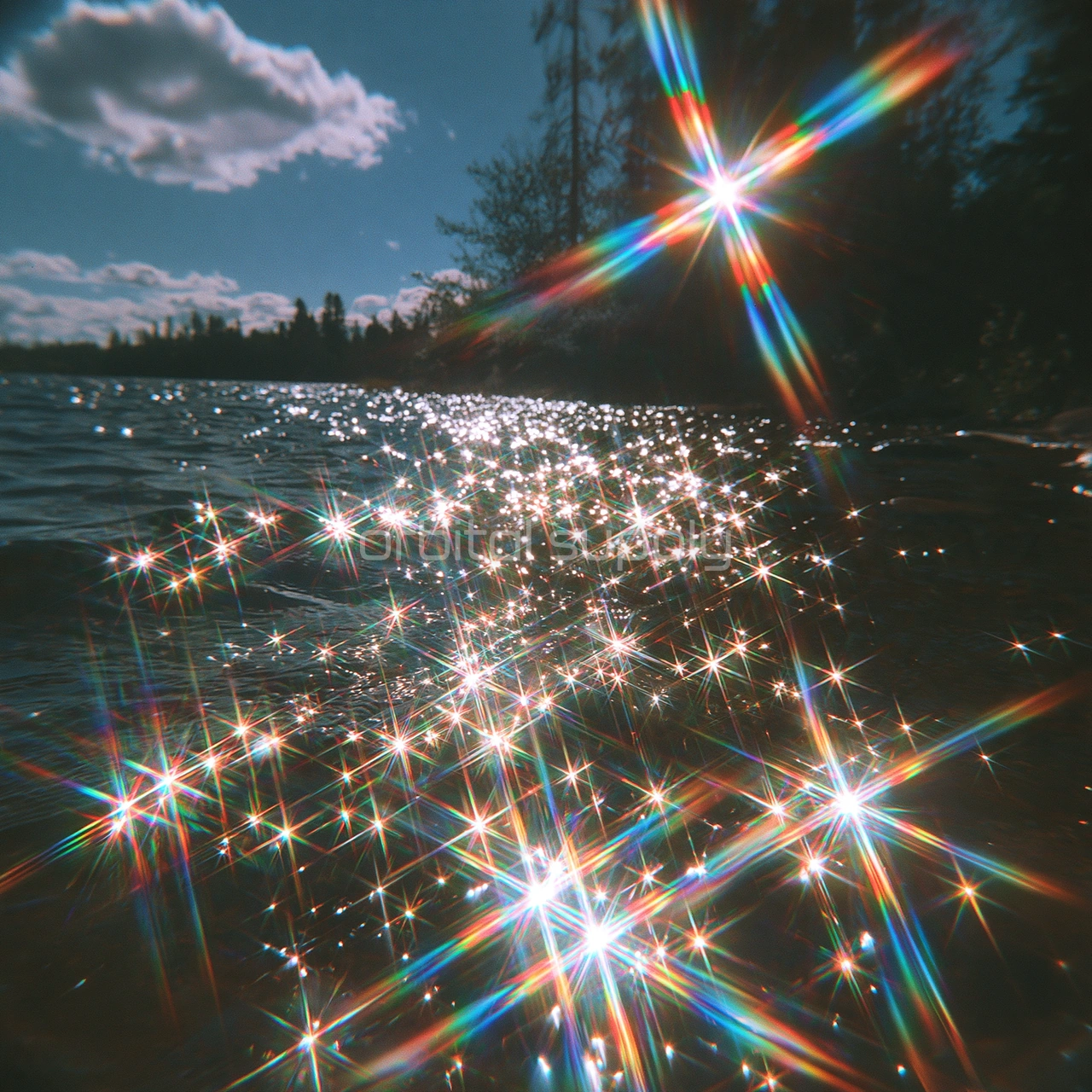 Sunlight breaks into star-shaped sparkles across a rippling lake.
