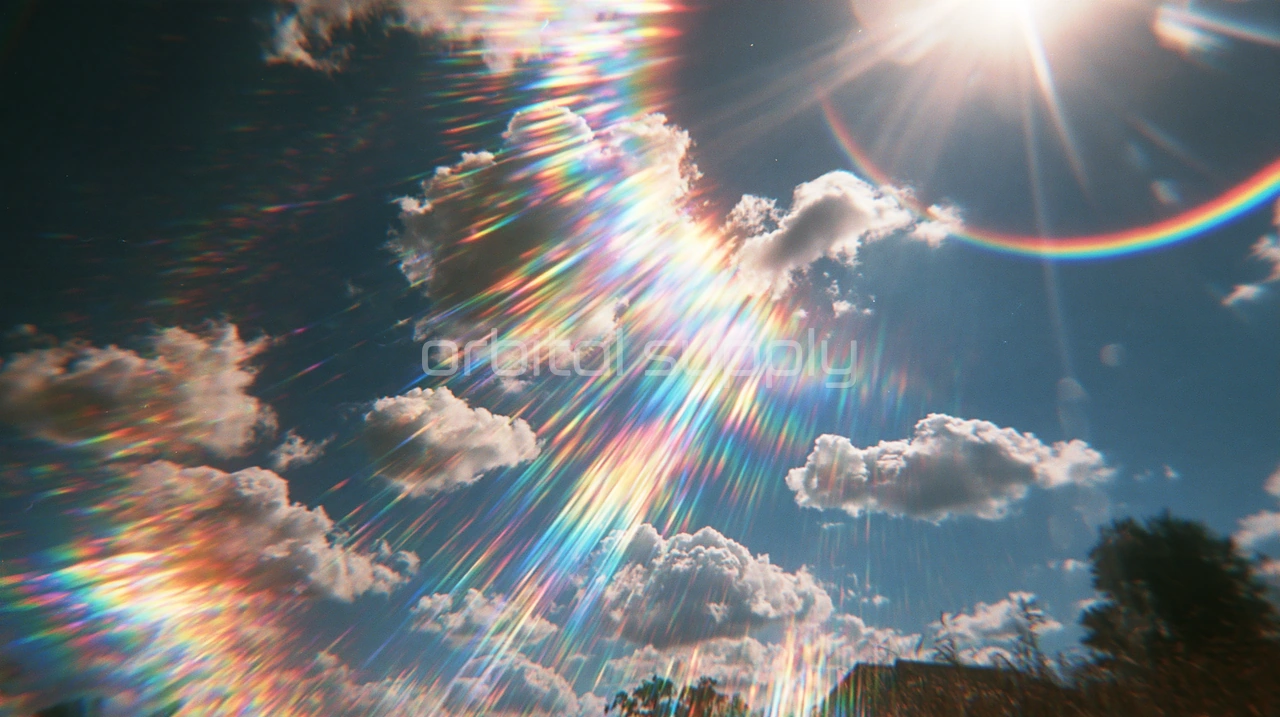 A bright summer sky with white clouds, a blazing sun and a rainbow halo.