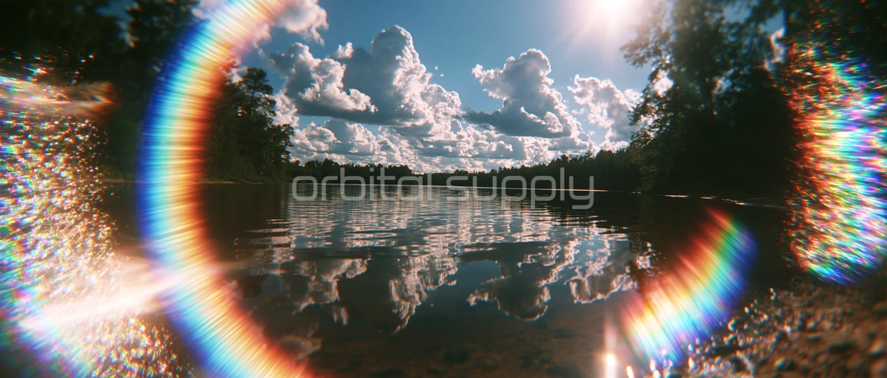 A long calm lake mirrors white clouds between forested shores, framed by rainbow prism arcs.