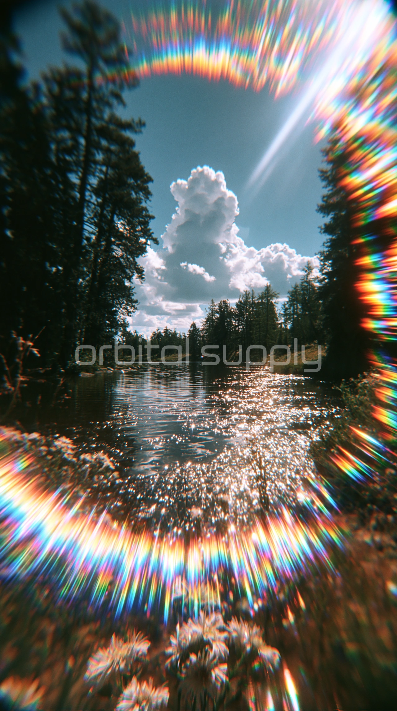 A lake between pines reflects white clouds, with a rainbow arc and glittering light below.