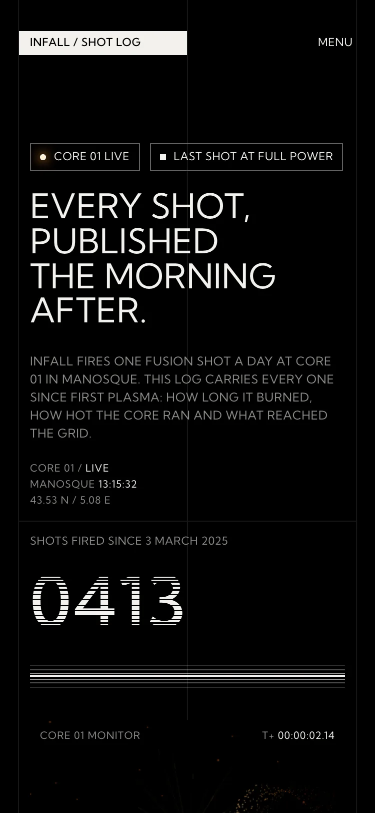 INFALL starter page at phone width