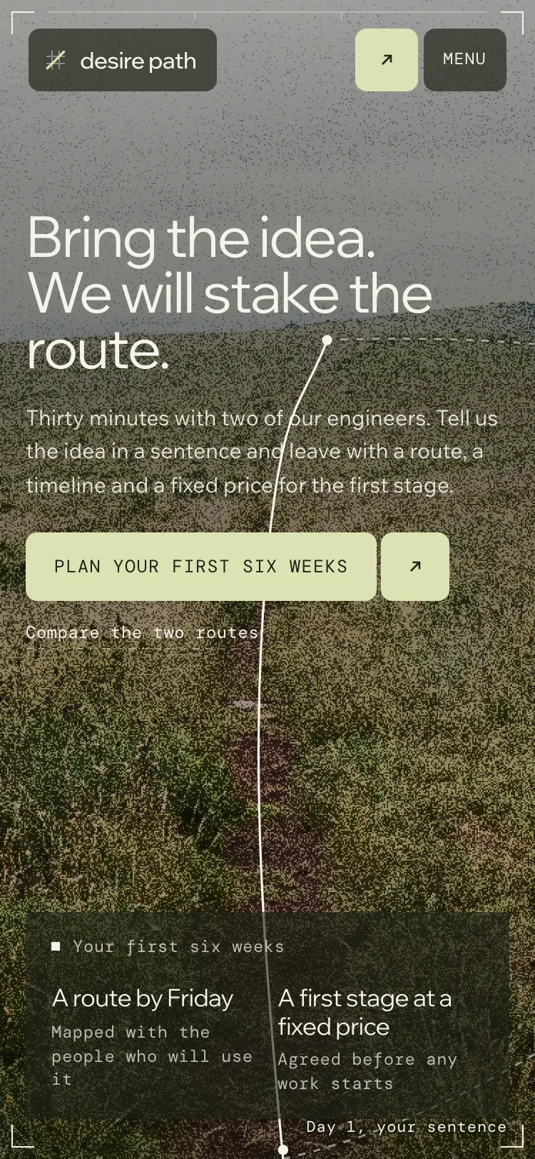 DESIRE PATH starter page at phone width
