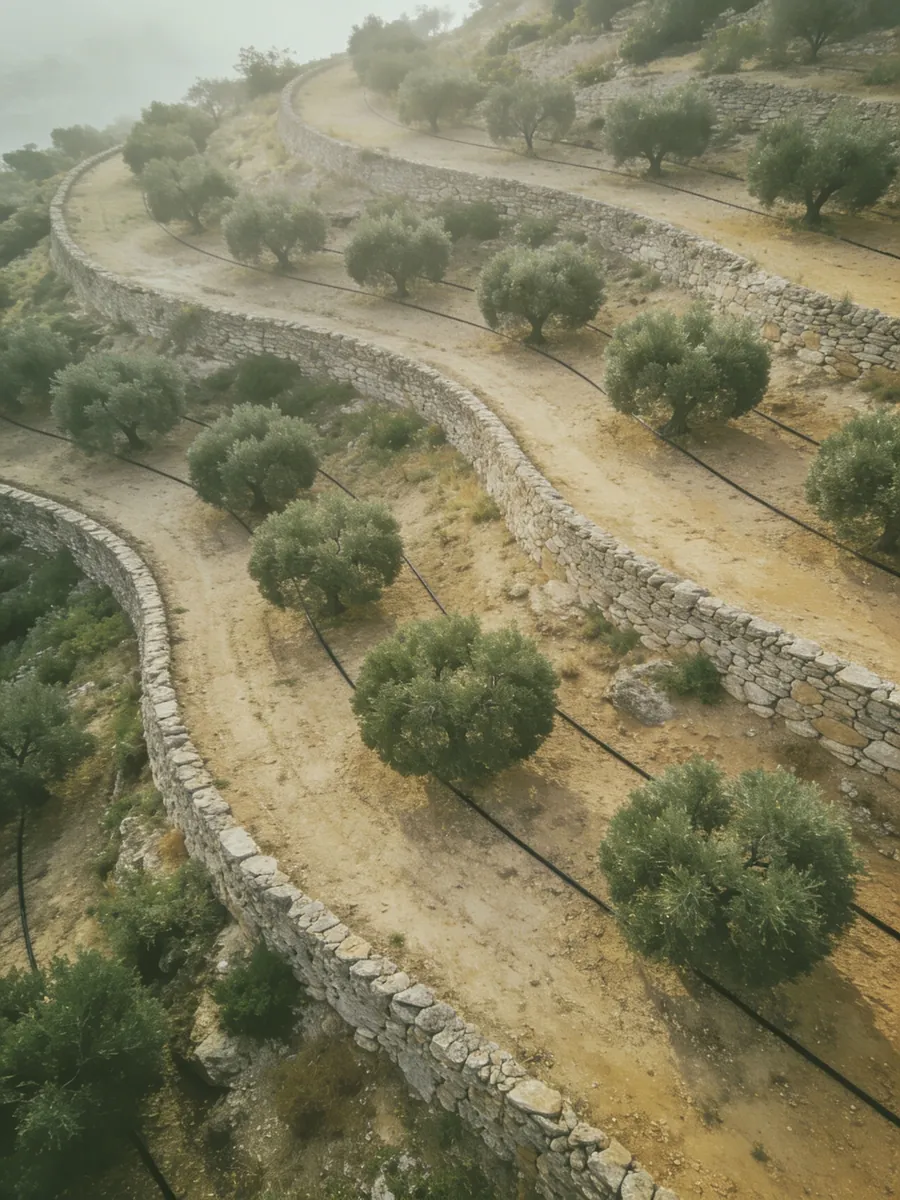 Olive terraces from above, curved stone walls and drip lines following the slope