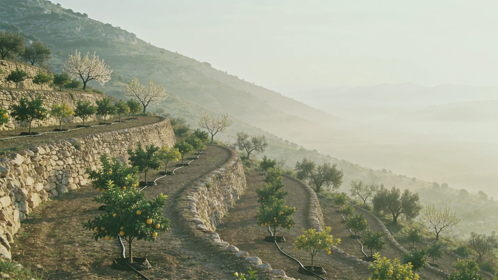 Dry-stone terraces of young citrus and almond trees on a hillside, morning haze over the valley