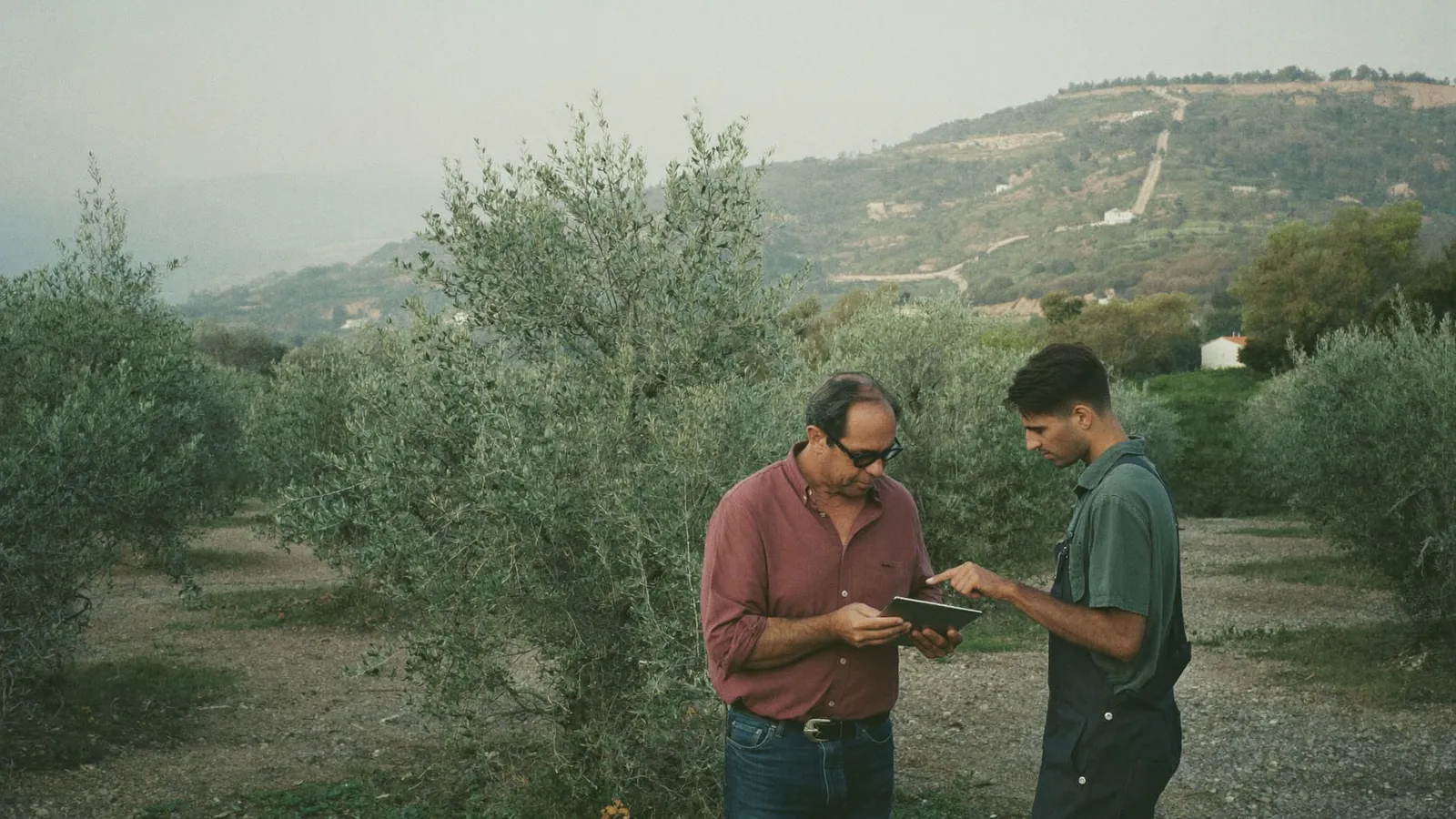 A grower and an agronomist going over a programme on a tablet at the end of an olive row