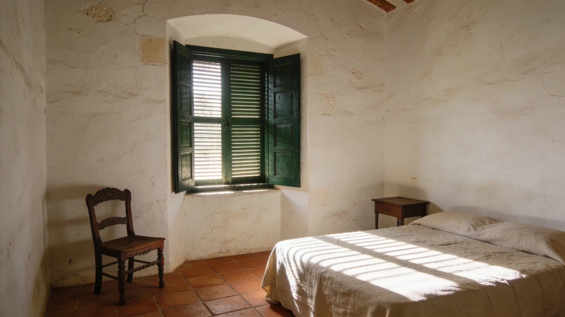 A guest room with green shutters and stripes of afternoon sun