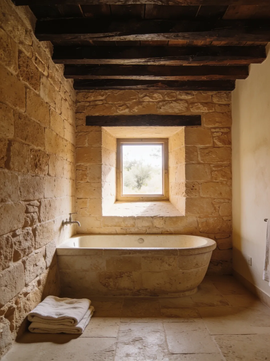 A suite in the old stables with a stone bathtub