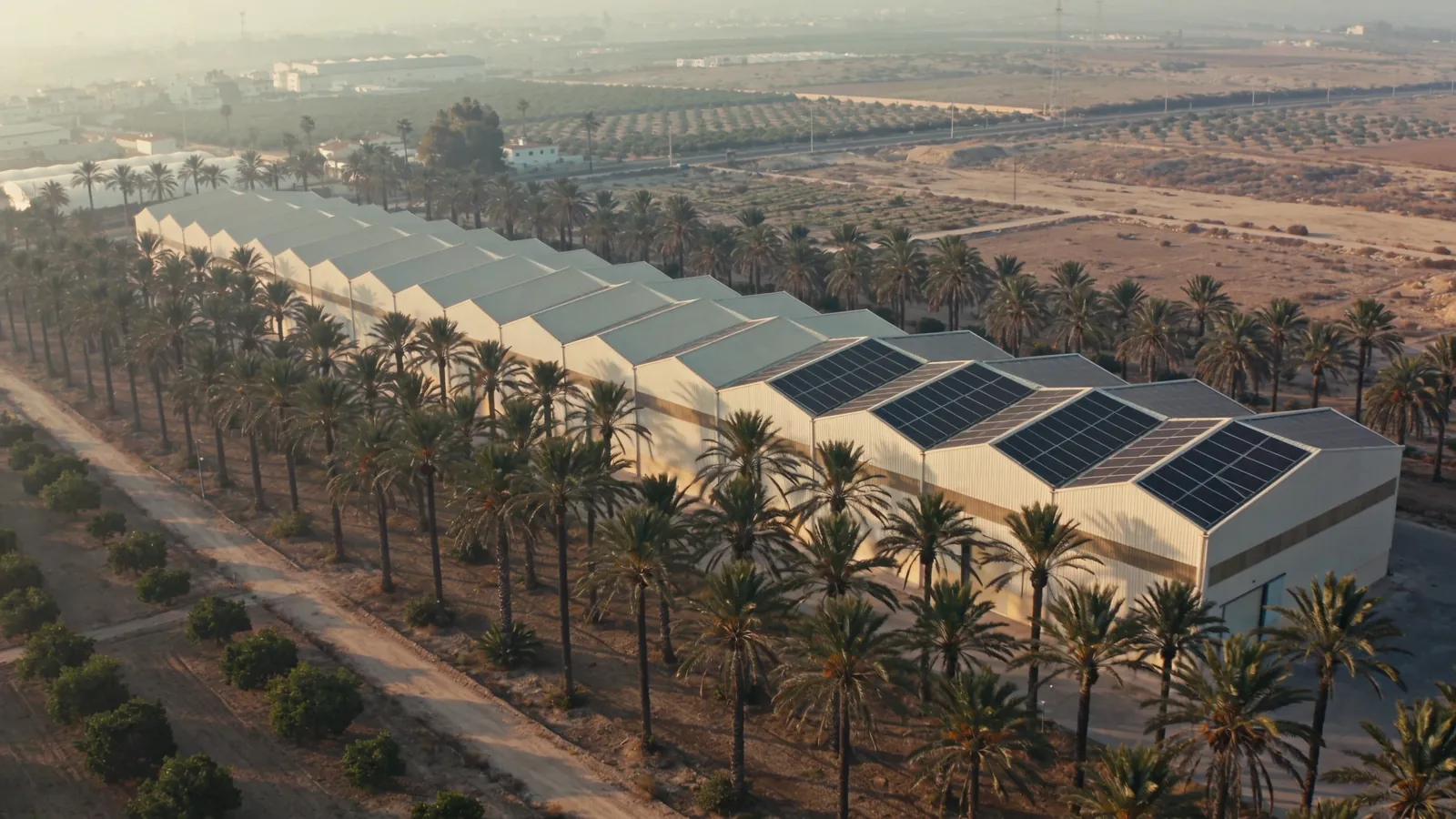 Aerial view of the plant in Elche, its sawtooth roof half covered in solar panels, among date palms.