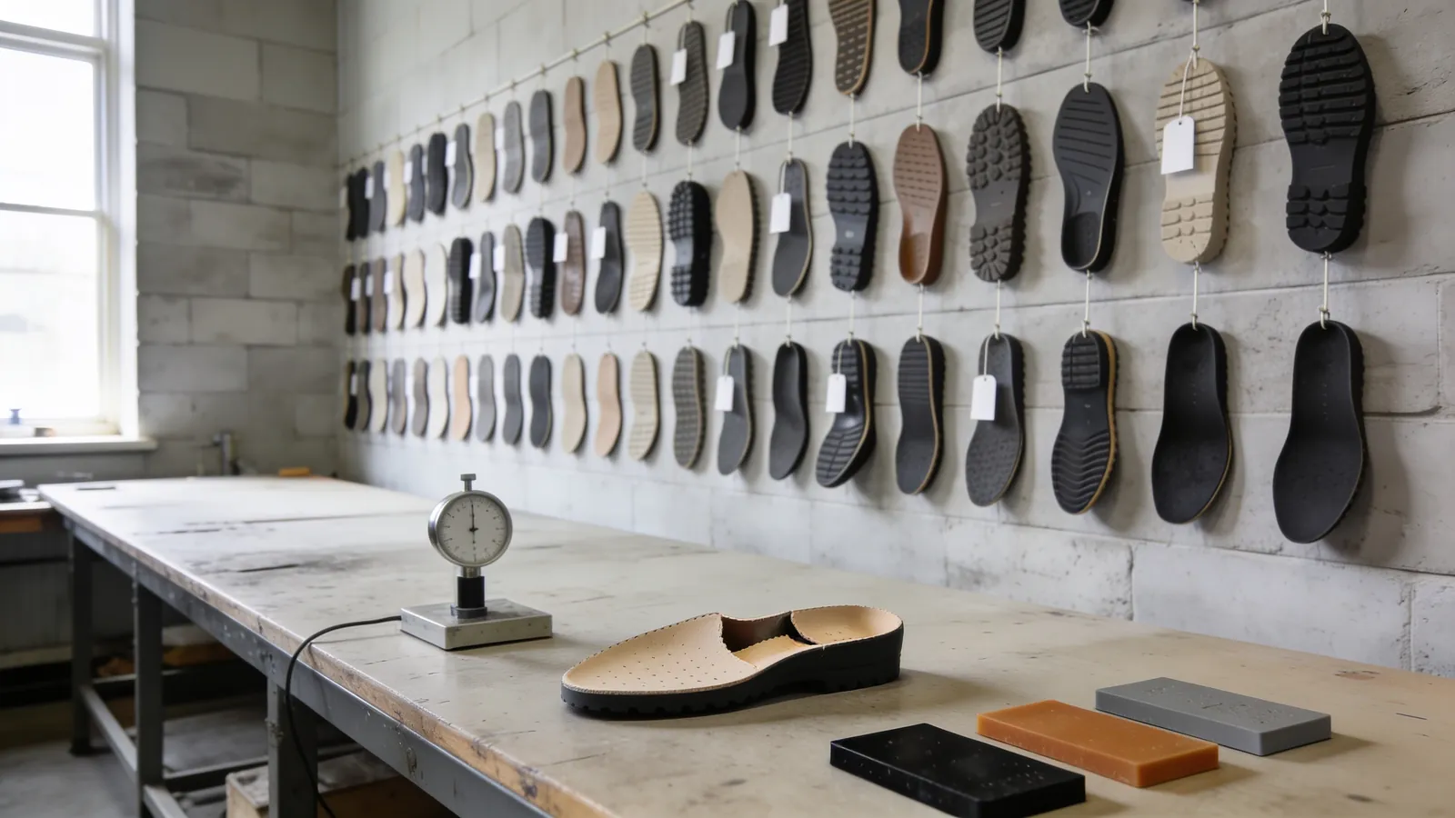 The sample room: soles hung in rows, each with its paper tag.